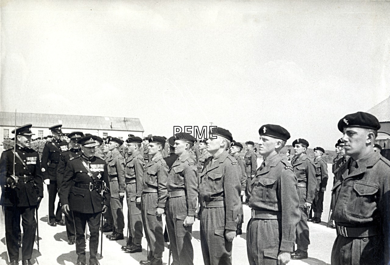 No 1 Training Battalion REME:  Visit of Major General Sir Eric Bertram Rowcroft (Retired) for the Queen’s Birthday Parade, 1959.