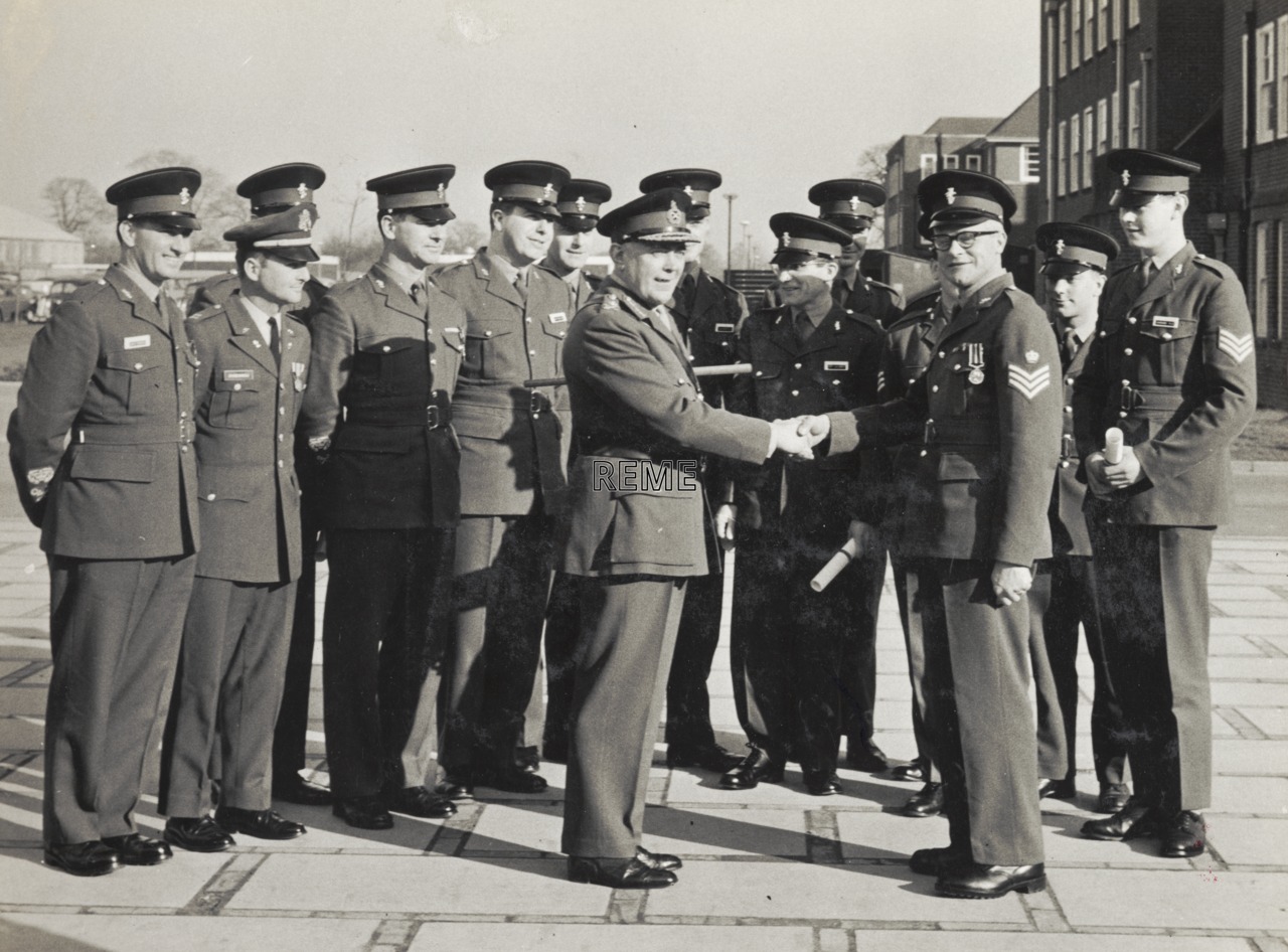 Presentation of awards to Warrant Officers and NCOs by the Director of Electrical and Mechanical Engineering (DEME), Arborfield, 1968.