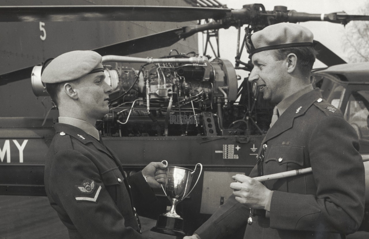 Lance Corporal W I Hamilton receives the Westland Trophy.